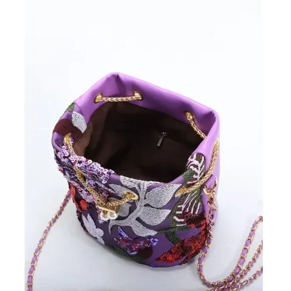 Floral Sequin Bucket Bag Gold Chain Bird Motif Crossbody - Picture 7 of 9